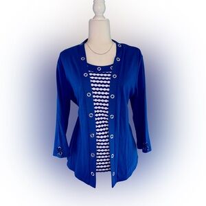 Alfred Dunner Women’s Royal Blue & White Nautical Eyelet Trim Twinset Top Size S